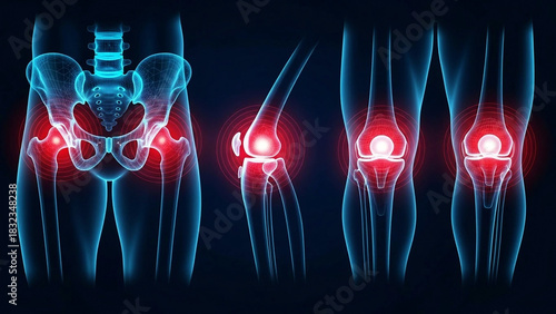 Medical illustration of human hip and knee joints with glowing red pain indicators anatomy bone