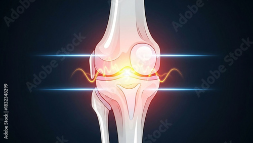 Stylized illustration of a human knee joint with glowing pain signals and blue light beams bone