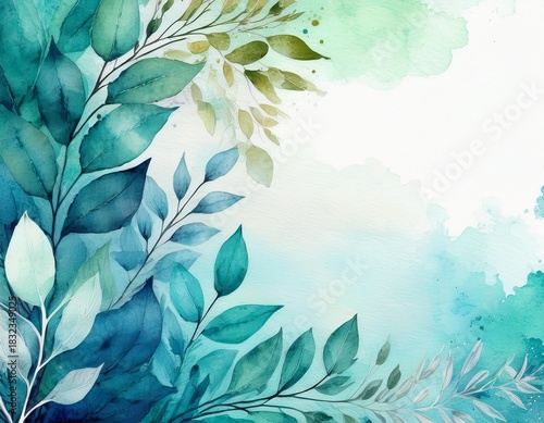 watercolor leaves border frame right side background blue green teal turquoise blend