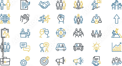 Business icons, teamwork, collaboration, leadership, communication, goal setting, success, growth, minimal line style, flat vector, blue yellow