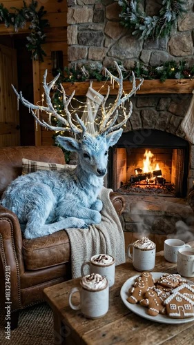Cozy Winter Wonderland Scene with Blue Deer, Fireplace, Hot Cocoa, and Festive Treats