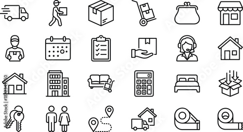 Delivery icons, moving service, logistics, shipping, relocation, customer support, home, package, minimal line style, flat vector, black white