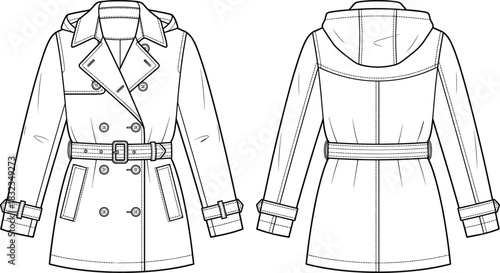Double-breasted trench coat, hooded outerwear, fashion technical sketch, garment construction, flat vector, CAD drawing, coat design, apparel illustration