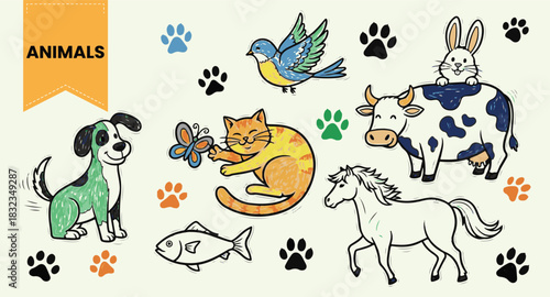 Hand Drawn Animals Vector Set | Colored Sketch Icons of Dog, Cat, Bird, Horse, Cow, Rabbit, and Pet Paw Prints for Children and Veterinary Design