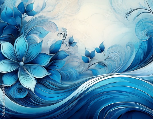 blue floral background with waves and swirls
