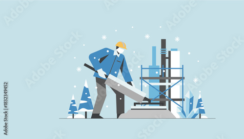Industry professional operates heavy machinery at a winter construction or factory site
