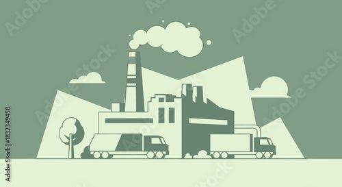 Monochrome graphic of an industrial plant trucks and smoke Manufacturing and logistics