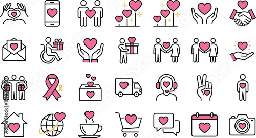 Heart icons, love, care, support, kindness, charity, community, healthcare, emotional connection, minimal line style, flat vector, pink black