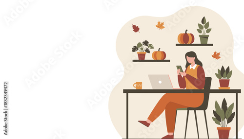 Remote worker uses a phone at a cozy autumn desk with pumpkins and plants Flat vector illustration