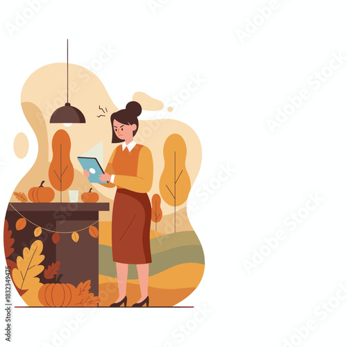 Frustrated woman looking at tablet during autumn Tech issues and holiday stress concept