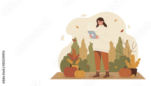 Cozy autumn work Woman uses tablet outside surrounded by fall foliage and pumpkins