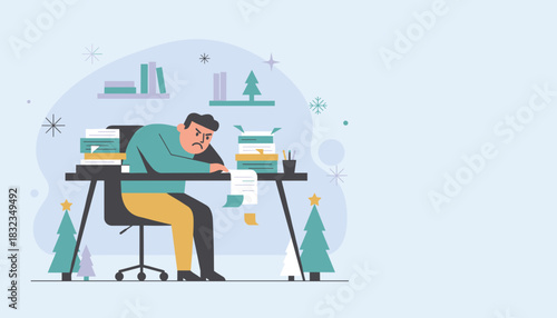 Overworked man stressed by deadlines during the holiday season Business burnout illustration