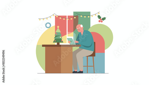 Senior man using a digital tablet at a table decorated for Christmas Modern holiday illustration