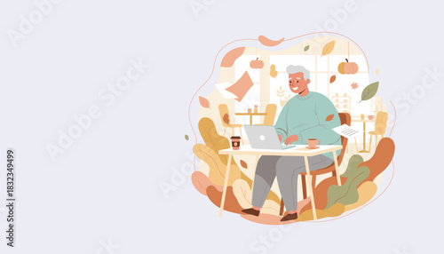 Smiling senior man working remotely on a laptop in a cozy autumn cafe setting