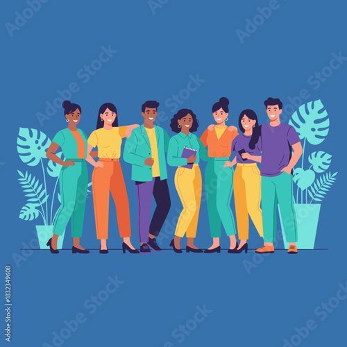 Diverse professional team standing together smiling Collaboration and modern business concept