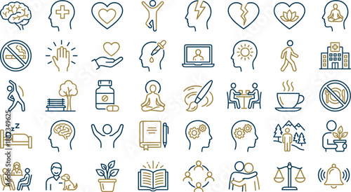 Mental health icons, wellness, self-care, therapy, meditation, emotional support, balance, nature, minimal line style, flat vector, blue gold