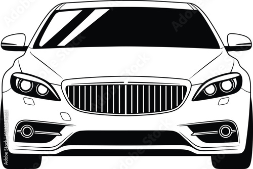 Modern car front view vector, luxury vehicle silhouette, black grille design, headlight and bumper illustration, auto icon set