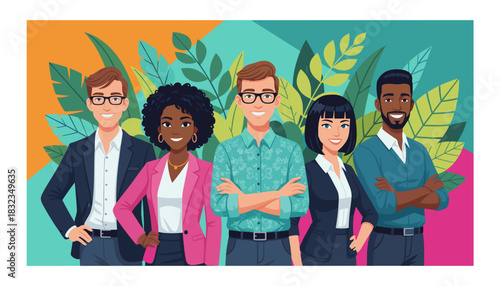 Diverse smiling business team portrait on a vibrant colorful background representing growth and confidence