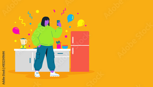 Casual woman takes a selfie in a colorful kitchen setting with balloons and confetti
