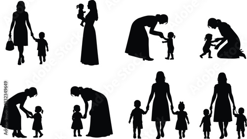 Mother and child silhouette, caregiving vector, nurturing woman illustration, family bonding art, black profile design, parenting theme