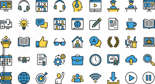 Online learning icons, education, e-learning, virtual classroom, academic tools, communication, certificate, minimal line style, flat vector, blue yellow