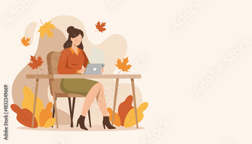 Woman working on tablet in autumnal setting Fall business productivity or remote education concept