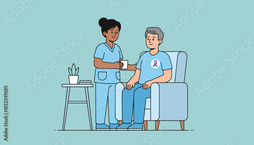 Home care nurse assists senior patient with awareness ribbon symbolizing support and recovery