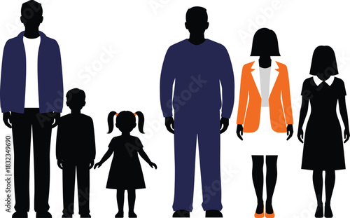 Silhouette family group illustration showing adults and children standing together, diverse generations concept, parent child unity design

(18 words)