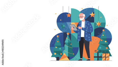 Senior man uses tablet for holiday shopping amidst Christmas decor
