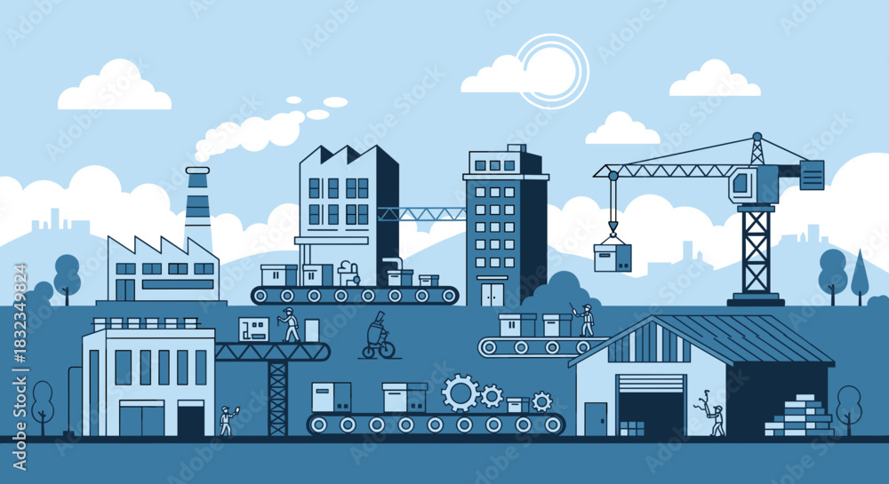 Obraz premium Industrial complex illustration manufacturing production logistics and global supply chain