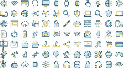 Technology icons, internet, digital tools, AI, cybersecurity, media, communication, innovation, minimal line style, flat vector, blue gold