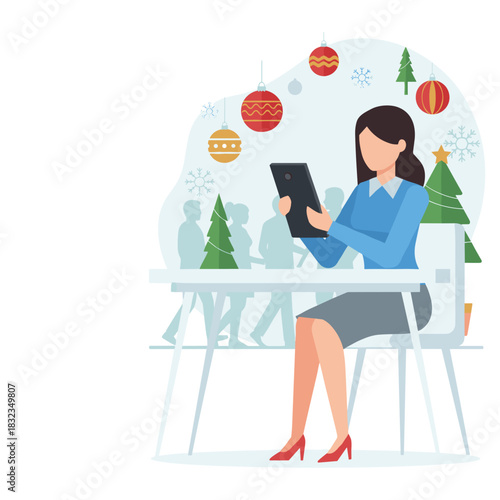 Businesswoman using a digital tablet at a holiday or Christmas work event