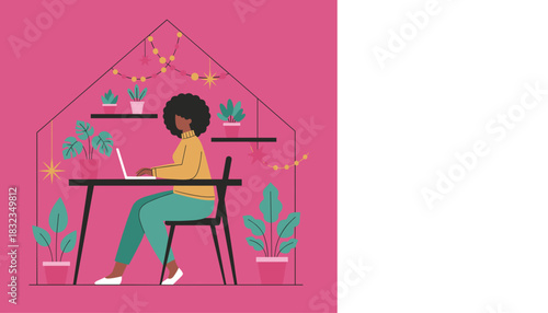 Black woman works remotely from a colorful cozy home office surrounded by indoor plants