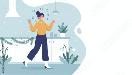 Happy woman uses smartphone for digital life in a cozy winter home giving thumbs up