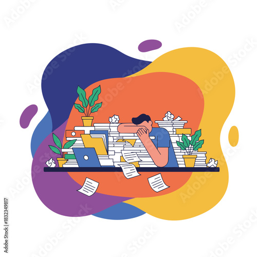 Stressed worker buried in a huge pile of paperwork illustrating burnout and overwork concept