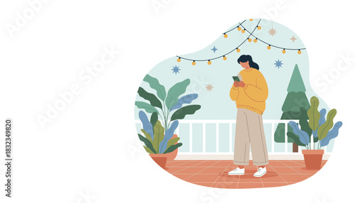 Woman using a smartphone on a cozy decorated balcony with potted plants and string lights Digital leisure