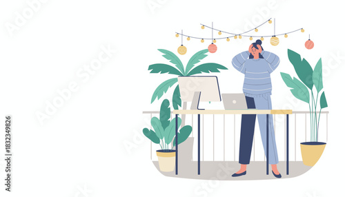 Stressed woman remote working outdoors feeling headache or burnout needing break