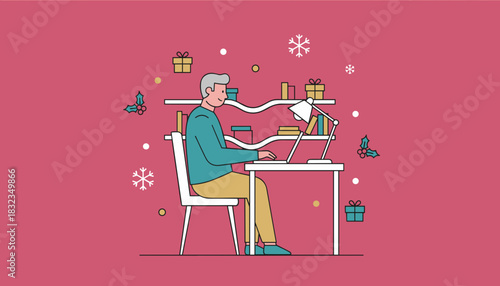 Man working on laptop at a desk with Christmas and holiday decorations Remote work illustration