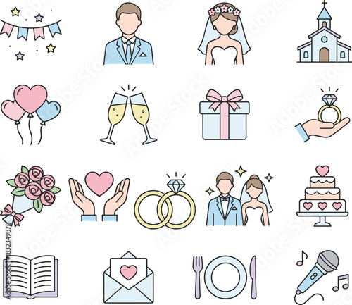 Wedding icons, celebration, love, marriage, couple, ceremony, romance, gifts, minimal line style, flat vector, blue pink gold