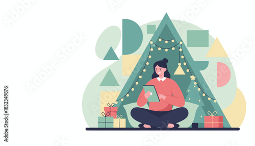 Woman shopping online using a tablet by a decorated Christmas tree and gifts Holiday ecommerce concept