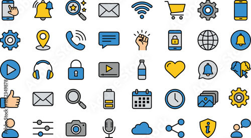 UI icons, communication, mobile app, digital tools, user interface, notifications, minimal line style, flat vector, blue yellow black
