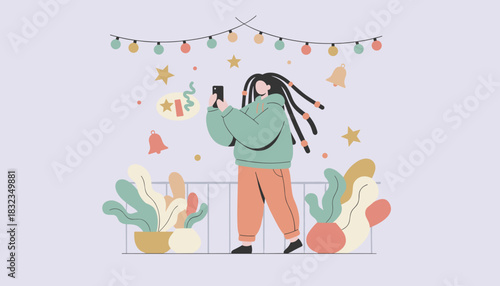 Young person recording festive balcony decor with a phone Lifestyle holiday celebration