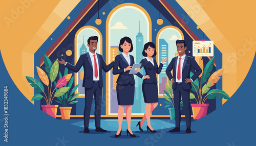 Professional business team standing confidently in a modern office with a city view Success and leadership