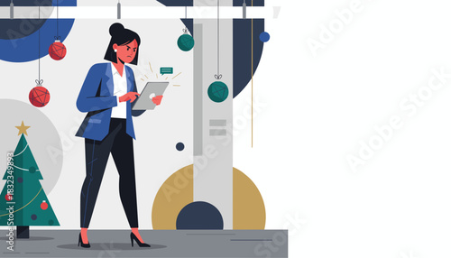 Stressed professional woman working on a tablet amidst holiday decorations Business communication problem