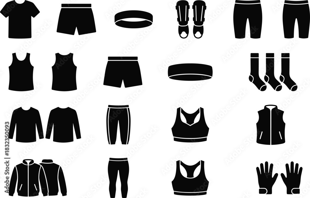 Fototapeta premium “Sports clothing icons set featuring fitness apparel, workout accessories, training gear silhouettes, activewear elements, vector illustration for exercise and athletic design”