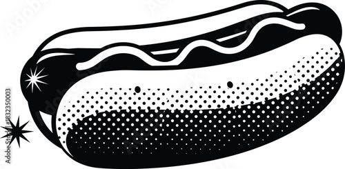 Hot dog vector illustration in bold pop-art style with halftone texture and cartoon elements for food graphics, restaurant branding, and retro designs