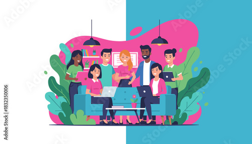Diverse business team collaborating in a colorful modern office Professional flat design illustration