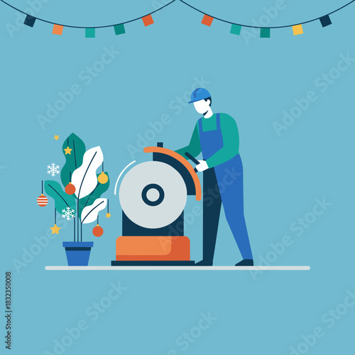 Industrial worker operating machinery next to a Christmas decorated plant Holiday labor concept