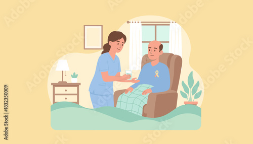 Caregiver giving medication and assistance to a smiling patient at home Home healthcare and recovery