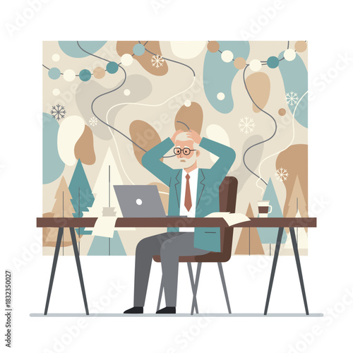 Stressed senior businessman working on his laptop during the busy winter holiday season